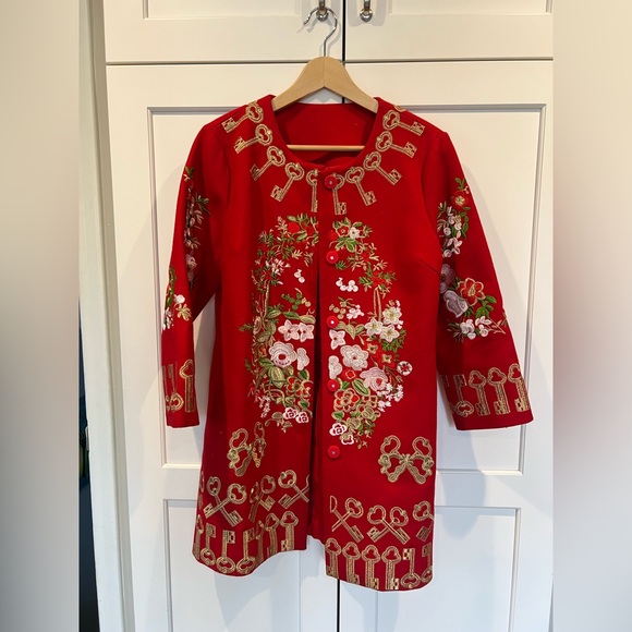 Embroidered Red Floral Women's Coat